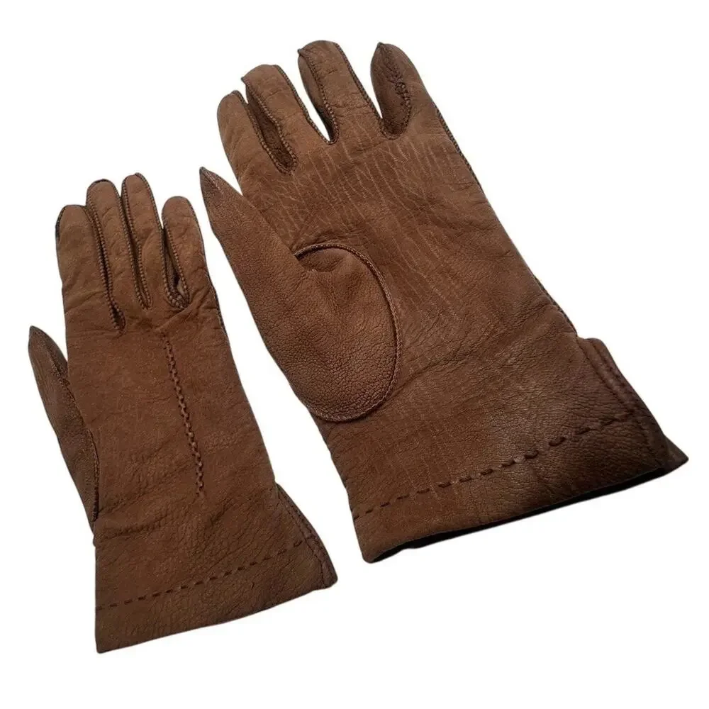 Vtg Women's Soft Leather Brown Wool Lined Gloves Sz 6.5 Made In Italy‎ Winter EC